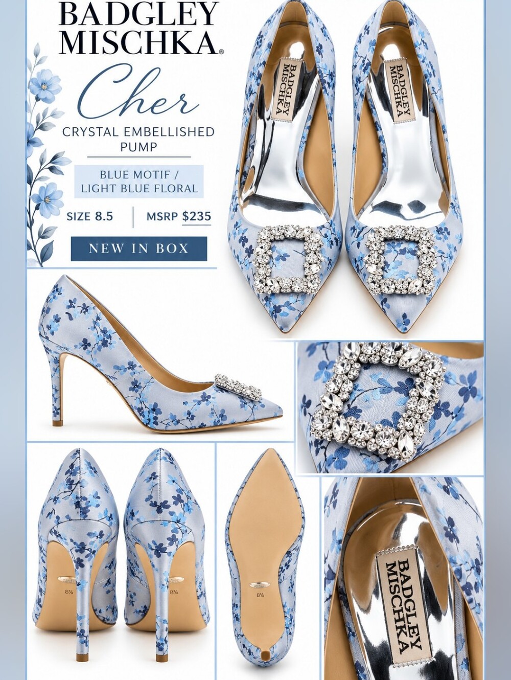Badgley Mischka Cher Crystal-Embellished Light Blue Floral Pumps